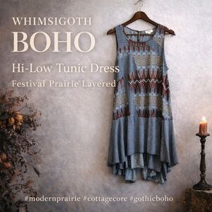 Umgee Whimsigoth Boho Hi Low Tunic Dress Blue Festival Prairie Small